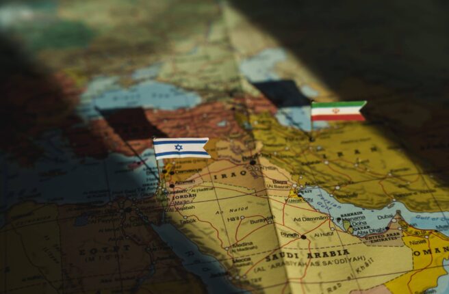 Israel,And,Iran,Flags,On,Middle,East,Political,Map.,Crisis