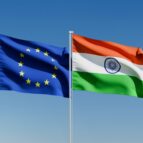 Wavy,European,Union,And,India,Flags,And,Clear,Blue,Sky