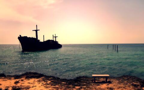 A beautiful view of the remaining of the Greek Ship by the beach in Kish Island, Persian Gulf, Iran