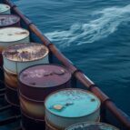 Barrels of oil on the high seas, created with Generative AI technology