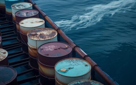 Barrels of oil on the high seas, created with Generative AI technology